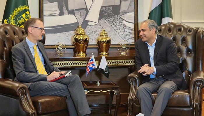 Interior Minister Mohsin Naqvi in a meeting with UK National Crime Agency Director General Graeme Biggar in Islamabad. — PID