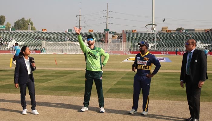 Pakistan stand-in captain Salman Ali Agha and Sri Lankan skipper Charith Asalanka present for toss of second ODI of three-match series at the Rawalpindi Cricket Stadium on November 14, 2025. — PCB