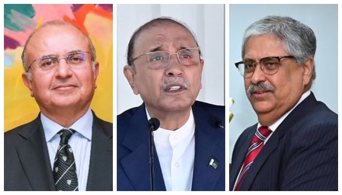(Left to right) Former SC judge Mansoor Ali Shah, President Asif Ali Zardari, and ex-SC judge Athar Minallah. — APP/File