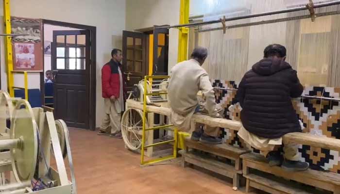 Men make rug with processed goat hair.— Reporter