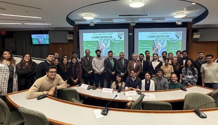 Ambassador Rizwan Saeed Sheikh (centre) poses for a group photo with Pakistani tech diaspora in Boston, in this picture released on November 14, 2025. — Pakistani Embassy