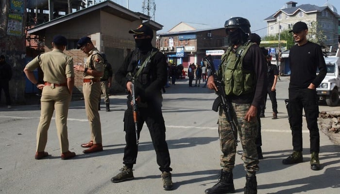 Indian police officers stand guard outside the police control room in Srinagar, following a suspected militant attack near Indian Illegally Occupied Jammu and Kashmirs (IIOJK) scenic Pahalgam, April 23, 2025.— Reuters