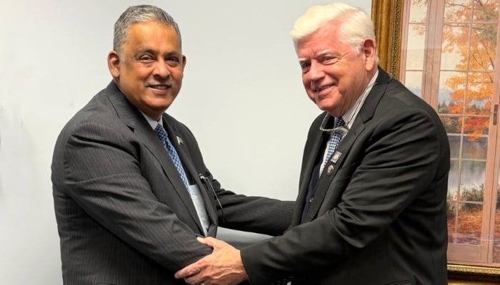 Ambassador Rizwan Saeed Sheikh with US Congressman John Larson in Hartford, Connecticut, US, on November 14, 2025. — X/@AmbRizSaeed