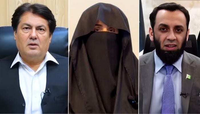 A collage of Barrister Mohammad Ali Saif, former first lady Bushra Bibi, and federal minister for Information Ataullah Tarar. — APP/AFP