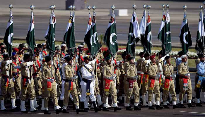 This undated image shows armed forces soldiers march past during Pakistan Day military parade in Islamabad. — AFP