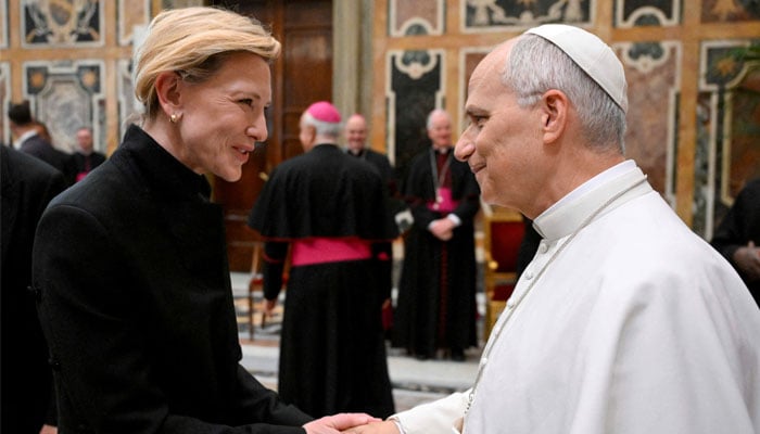 Pope Leo XIV meets with actor Cate Blanchett, during an audience with artists from the world of cinema in the Sala Clementina at the Vatican, November 15, 2025, in this handout image. Simone Risoluti/Vatican Media/­Handout via REUTERS