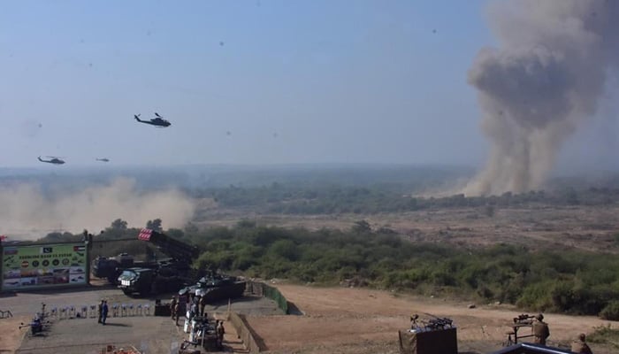 Military exercise demonstrates multi-domain operations, including conventional and air firepower, coordinated manoeuvres, and spectrum warfare capabilities. — ISPR