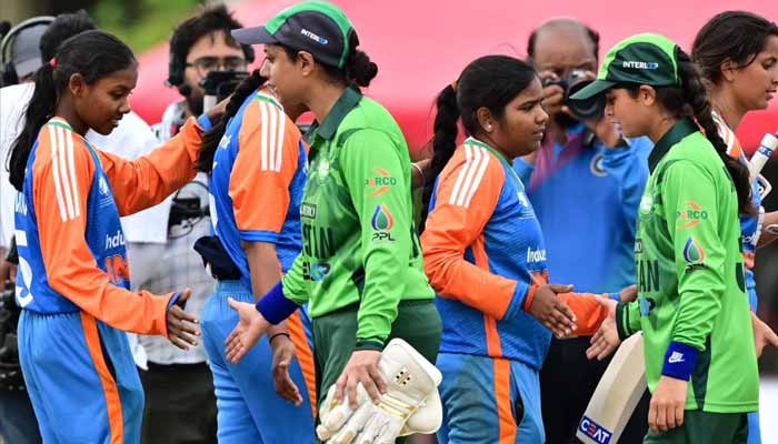 Pakistan players (right) shake hands with the Indians at the end of the Women’s Blind Twenty20 World Cup 2025 match in Katunayake, Sri Lanka, November 16, 2025. — AFP