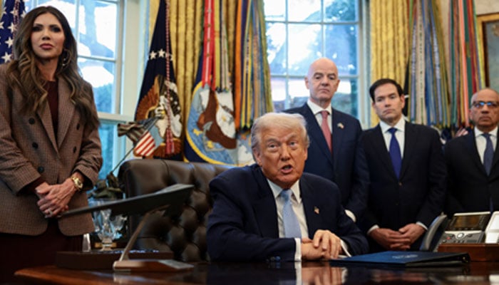 US President Donald Trump speaks while US Homeland Security Secretary Kristi Noem, FIFA President Gianni Infantino, US Secretary of State Marco Rubio, and Senior advisor to FIFA president Carlos Cordeiro stand near him at the White House in Washington, DC, US, November 17, 2025. — Reuters