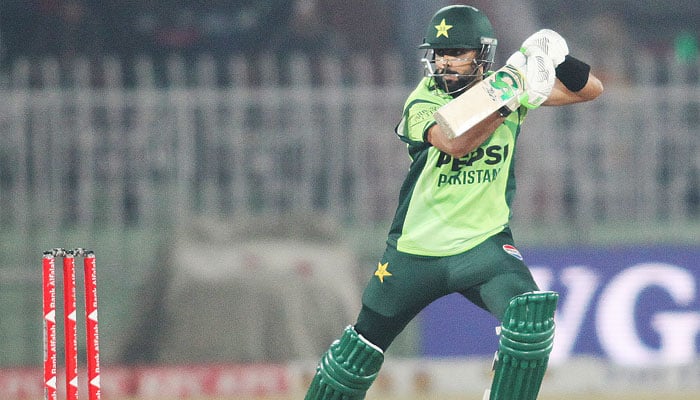Pakistans Babar Azam plays shot during during third one-day international (ODI) against Sri Lanka at the Rawalpindi Cricket Stadium in Rawalpindi on November 14, 2025. — PCB