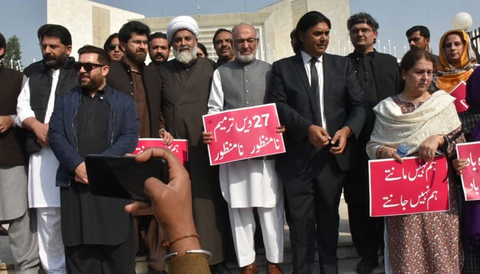 TTAP leaders and other politicians protest against 27th Constitutional Amendment outside Supreme Court in Islamabad on November 18, 2025. X@mwmpakofficial