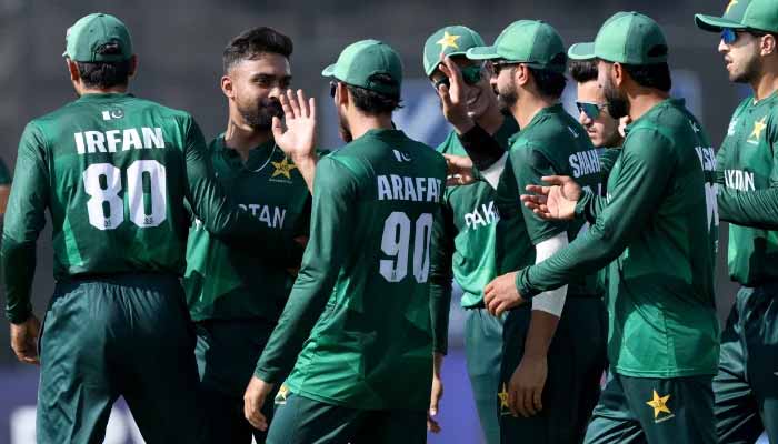 Pakistan’s Ahmed Daniyal celebrates with teammates after taking a wicket during the ACC Men’s Asia Cup Rising Stars match against UAE at West End Park International Cricket Stadium in Doha, Qatar, on November 18, 2025.— ACC
