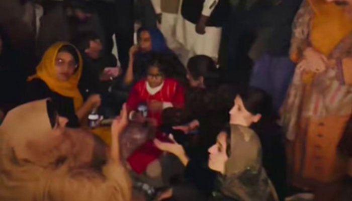 Imran Khan’s sisters along with PTI activists stage a sit-in near the near Central Jail Rawalpindi on November 19, 2025. — X/ @PTIofficial/screengrab