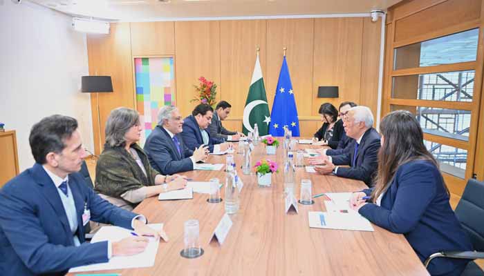 Deputy Prime Minister and Foreign Minister Ishaq Dar holds delegation-level talks with European Union Council President Antonio Costa in Brussels, Belgium, November 19, 2025. — X/@ForeignOfficePK