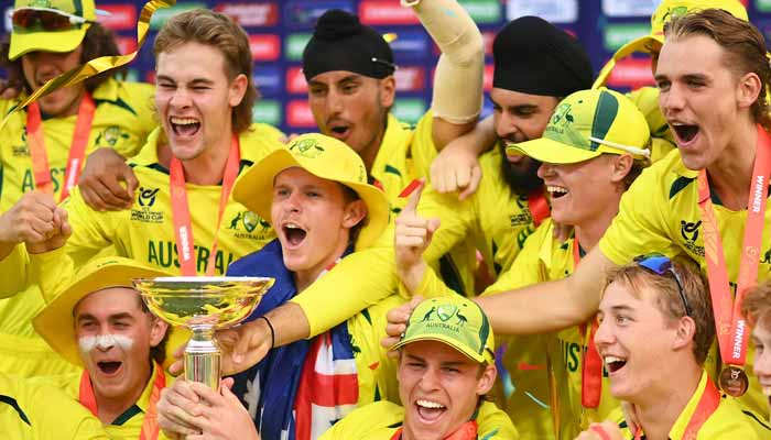 Australia team celebrates after winning the 2024 Under-19 World Cup, defeating India in the final at Willowmoore Park, Benoni, on February 11, 2024. – ICC