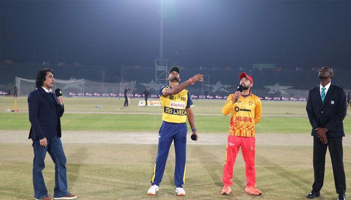 Captains of Sri Lanka and Zimbabwe present for toss of second game of the T20I tri-series at Rawalpindi Cricket Stadium on November 20, 2025. — PCB