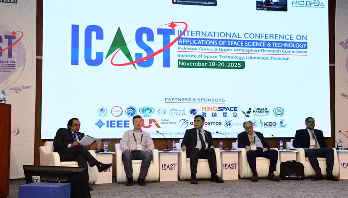 Experts during a panel discussion at the Institute of Space Technology (IST), Islamabad, on November 19, 2025. — LinkedIn@icast-pakistan