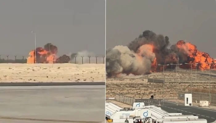 Smoke and flames rise after India’s indigenously built Tejas fighter jet crashed at the Dubai Airshow on 21 November 2025. — X/@IndianExpress