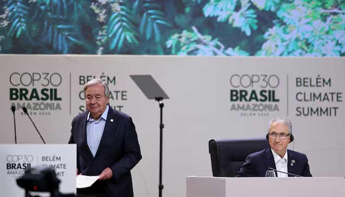 United Nations Secretary-General Antonio Guterres and COP29 President Mukhtar Babayev attend the opening of the Belem Climate Summit plenary session, as part of the COP30 United Nations Climate Change Conference, in Belem, Brazil.— Reuters
