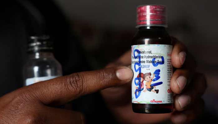 A bottle of Coldrif cough syrup, which has been linked to the deaths of multiple children in Parasia, Madhya Pradesh, India. — Reuters