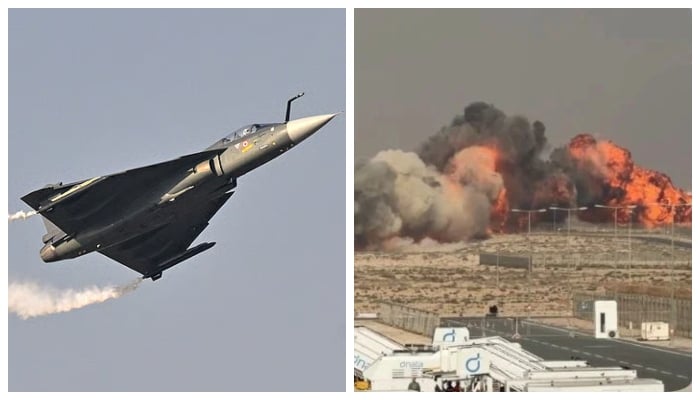 This collage of photos shows the Indian Air Forces HAL Tejas (left) performing a display flight during Dubai Airshow 2025, November 20, and smoke and flames rising after a Tejas fighter crashed at the airshow, November 21 2025. — AFP/X@IndianExpress