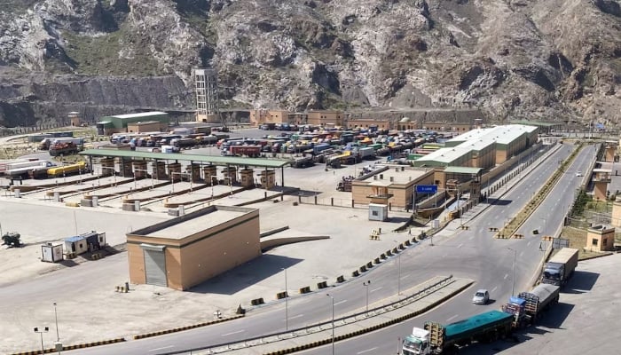 Trucks stand parked at the Torkham border crossing, after Pakistan closed border crossings with Afghanistan, in Torkham, October 12, 2025. — Reuters