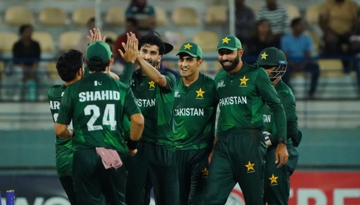 Pakistan Shaheens players celebrate a wicket during their semi-final against Sri Lanka A at the West End Park International Cricket Stadium in Doha on November 21, 2025. — ACC