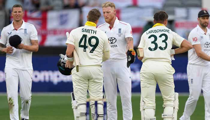 Englands Ben Stokes shakes hands with Australias Steve Smith after the match on November 22, 2025. — Reuters