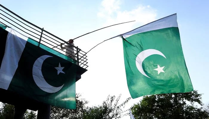 A boy uses a bamboo stick to adjust Pakistani flags at an overhead bridge ahead of Independence Day, in Islamabad, August 10, 2018. — Reuters