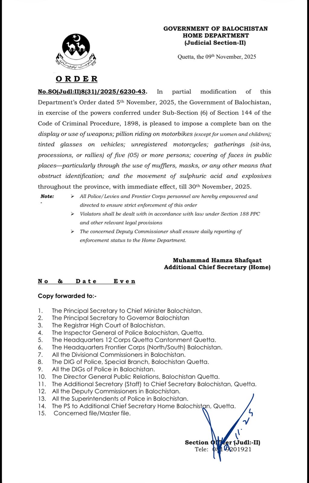 A copy of the notification shared by the principal secretary to the Chief Minister of Balochistan with Geo Fact Check.