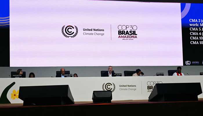 COP30 President Andre Correa do Lago (centre) speaks during the plenary session at the COP30 UN Climate Change Conference in Belem, Para state, Brazil, on November 22, 2025.— AFP