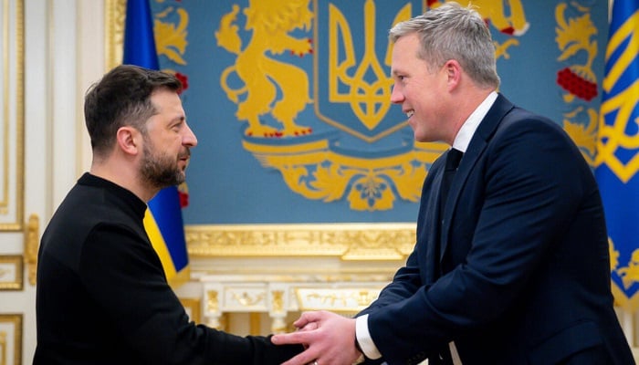 A picture released by the Ukrainian presidency showed Zelensky meeting with US Army Secretary Daniel Driscoll in Kyiv. — AFP