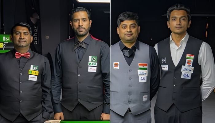 Team Pakistan (Muhammad Asif, Asjad Iqbal) and Team India (Pankaj Advani, Aditya Mehta, Brijesh Damani) at the 2025 Oman World Cup of Team Snooker Semi-Final-1, November 22, 2025. — Instsagram/@ibsf.media