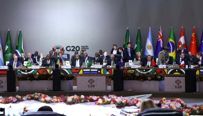 Leaders attend a plenary session on the opening day of the G20 Summit at the Nasrec Expo Centre in Johannesburg, South Africa, November 22, 2025. — Reuters