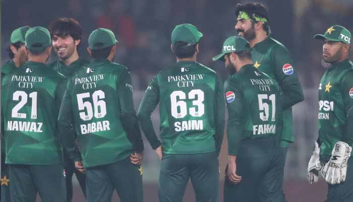 Pakistan players celebrating after a wicket against Zimbabwe during tri-nation series at Rawalpindi Cricket Stadium, Rawalpindi, November 23, 2025. — PCB