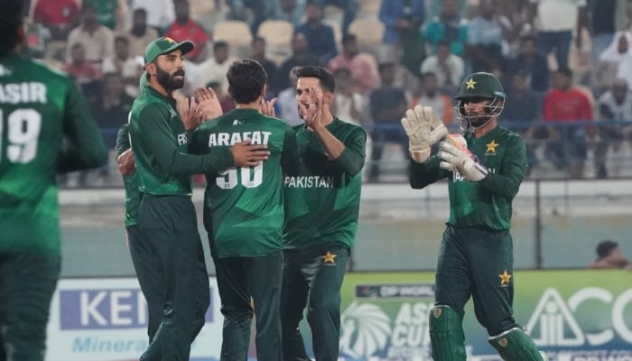 Pakistan Shaheens players celebrate a wicket during the final of the Asia Cup Rising Stars 2025 against Bangladesh A at West End Park International Cricket Stadium, Doha, November 23, 2025. — ACC