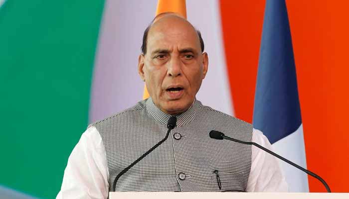 Indias Defence Minister Rajnath Singh delivers a speech during a ceremony for the delivery of the first Rafale fighter to the Indian Air Force at the factory of French aircraft manufacturer Dassault Aviation in Merignac near Bordeaux, France, October 8, 2019. — Reuters