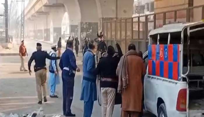 Terrorists attack  Federal Constabulary (FC) Headquarters in Peshawar on November 24, 2025. — Screengrab via Geo News