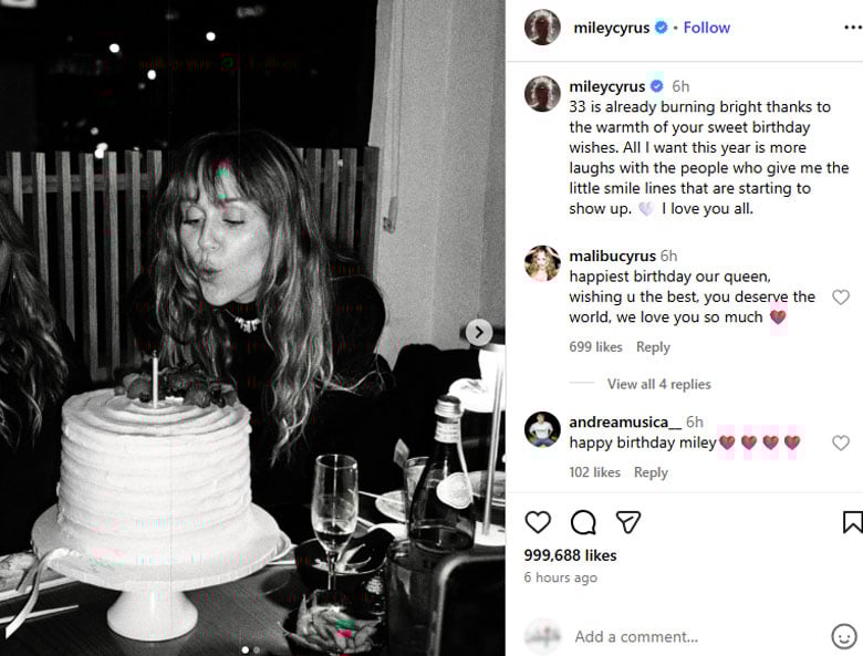 Miley Cyrus rings in 33 with one sweet wish