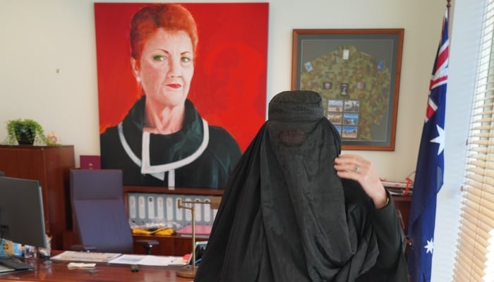 Australian One Nation party leader, Senator Pauline Hanson wears a burqa, November 24, 2025. — Facebook/Pauline Hansons Please Explain