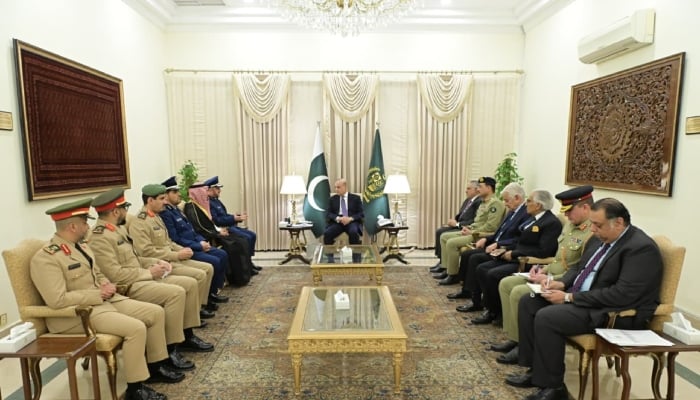 Saudi Armed Forces Chief of General Staff (CGS) General Fayyadh Bin Hameed Al Rowaili calls on Prime Minister Shehbaz Sharif at PM House, Islamabad, November 24, 2025. — X/@GovtofPakistan