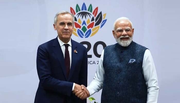 Canadian Prime Minister Mark Carney meets Indian counterpart Narendra Modi on sideline of G20 summit in Johannesburg, South Africa on November 23, 2025. — X/@MarkJCarney