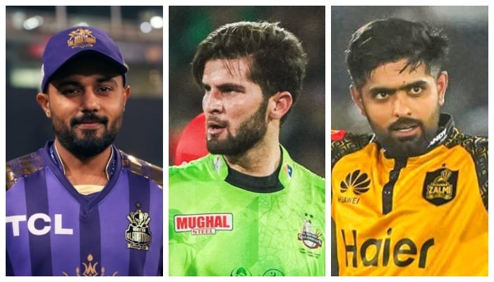 Quetta Gladiators skipper Saud Shakeel, Lahore Qalandars captain Shaheen Shah Afridi, and Peshawar Zalmi skipper Babar Azam. — PSL/X@lahoreqalandars/Facebook@PeshawarZalmi