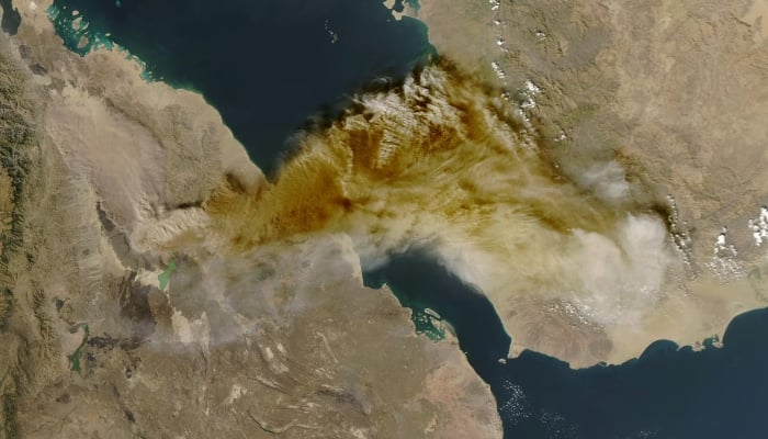 A satellite image shows ash rising from the eruption of the Hayli Gubbi volcano in Ethiopia as it drifts over the Red Sea, November 23, 2025. — Reuters