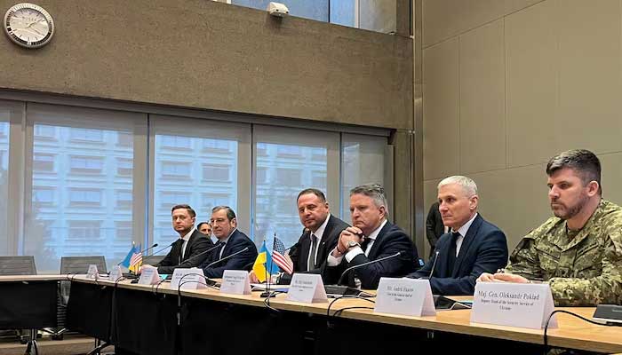 Head of the Office of the President of Ukraine Andriy Yermak sits with other members of the Ukrainian delegation before closed-door talks with a US delegation on ending Russias war in Ukraine, at the U.S. Mission in Geneva, Switzerland, on November 23, 2025. — Reuters
