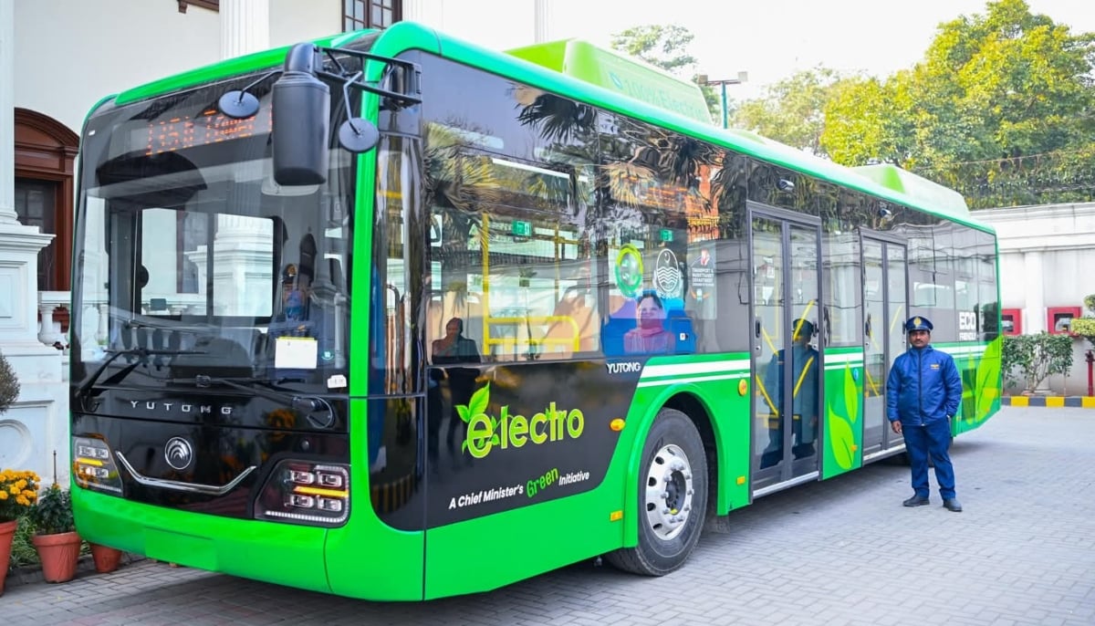 A photograph of Pakistan’s first fully electric bus service in Lahore. — X/@developingpak