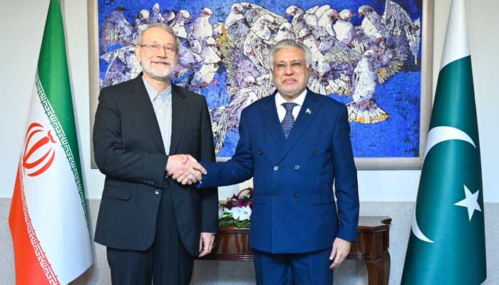 DPM Ishaq Dar (right) shakes hands with Secretary of Iran’s Supreme National Security Council Dr Ali Larijani on Novembeer 25, 2025. — X@ForeignOfficePk