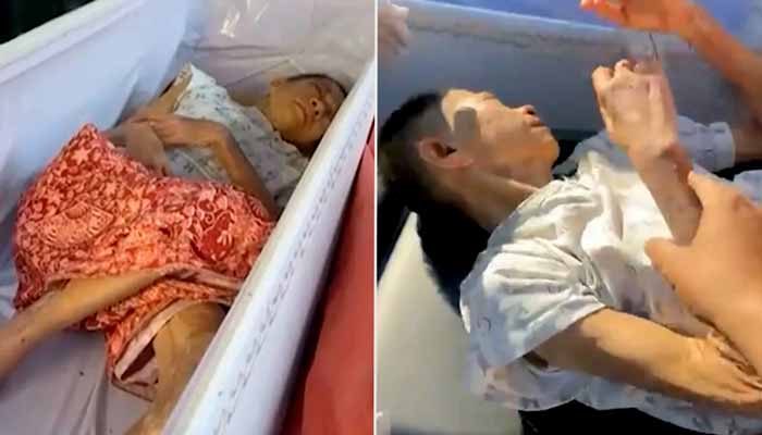 This collage shows woman lying inside coffin in Thailand. — Viral Press