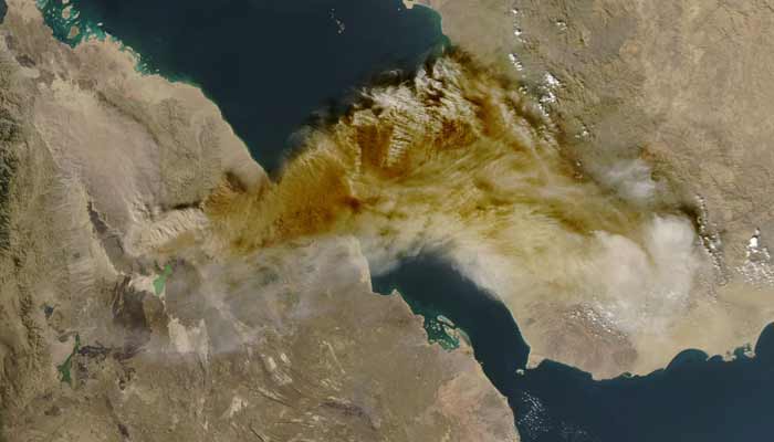 A satellite image shows ash rising from the eruption of the Hayli Gubbi volcano in Ethiopia as it drifts over the Red Sea, November 23, 2025. — Reuters