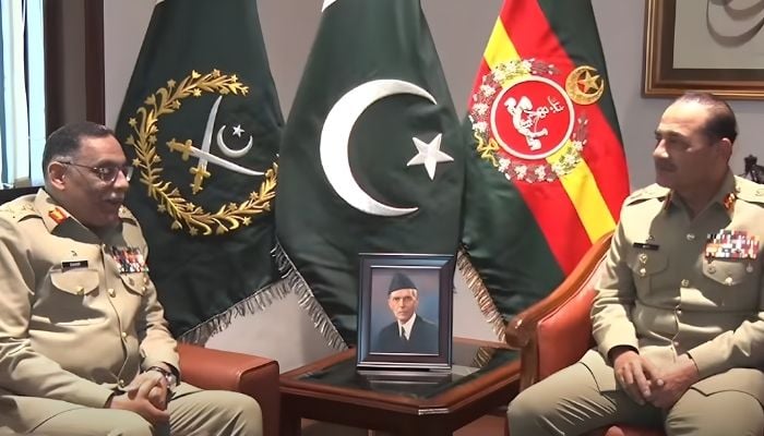 CJCSC General Sahir Shamshad Mirza pays a farewell visit to COAS Field Marshal Syed Asim Munir at General Headquarters (GHQ) on November 25, 2025. — Facebook@ISPROfficial1